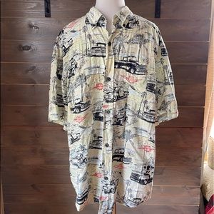 Newport Blue button up, antique car short sleeve shirt, XL